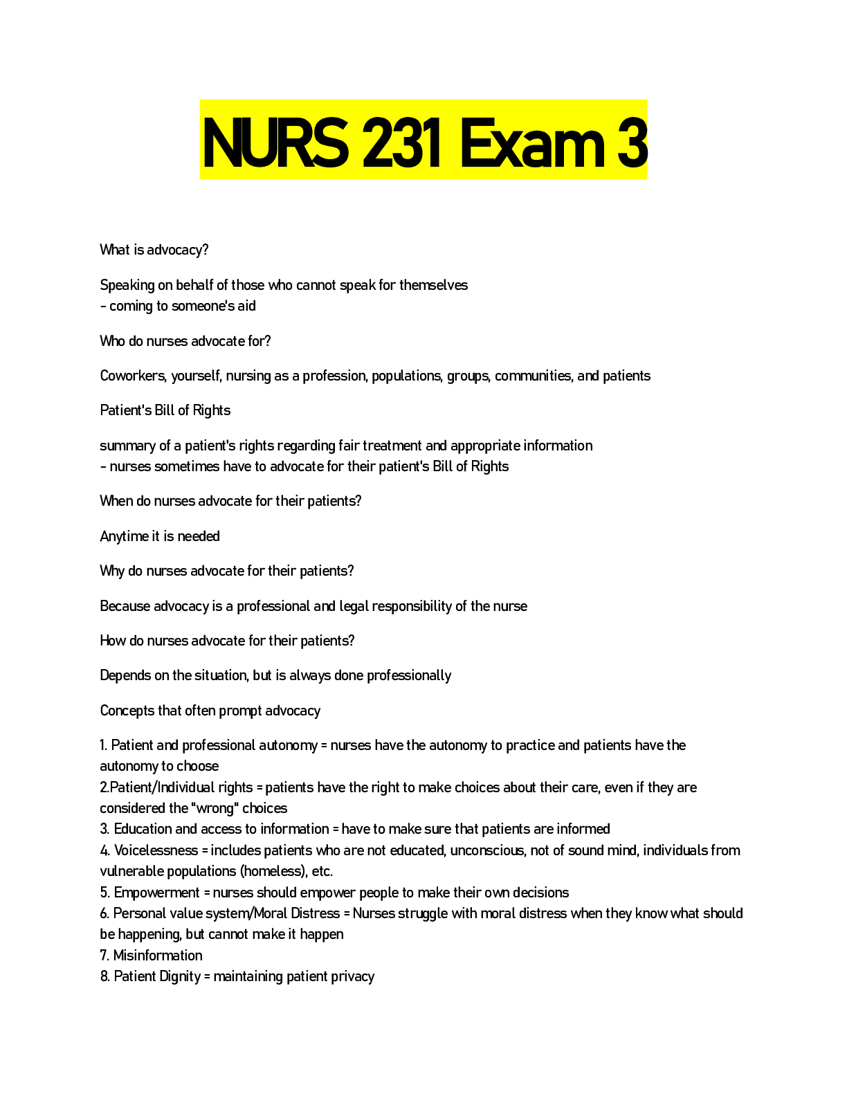 Preview image for NURS 231 Exam 3